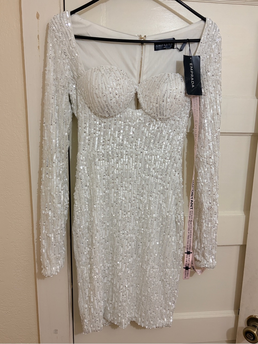 Emprada White Sequin Long Sleeve Corset Mini Dress Size M NWT